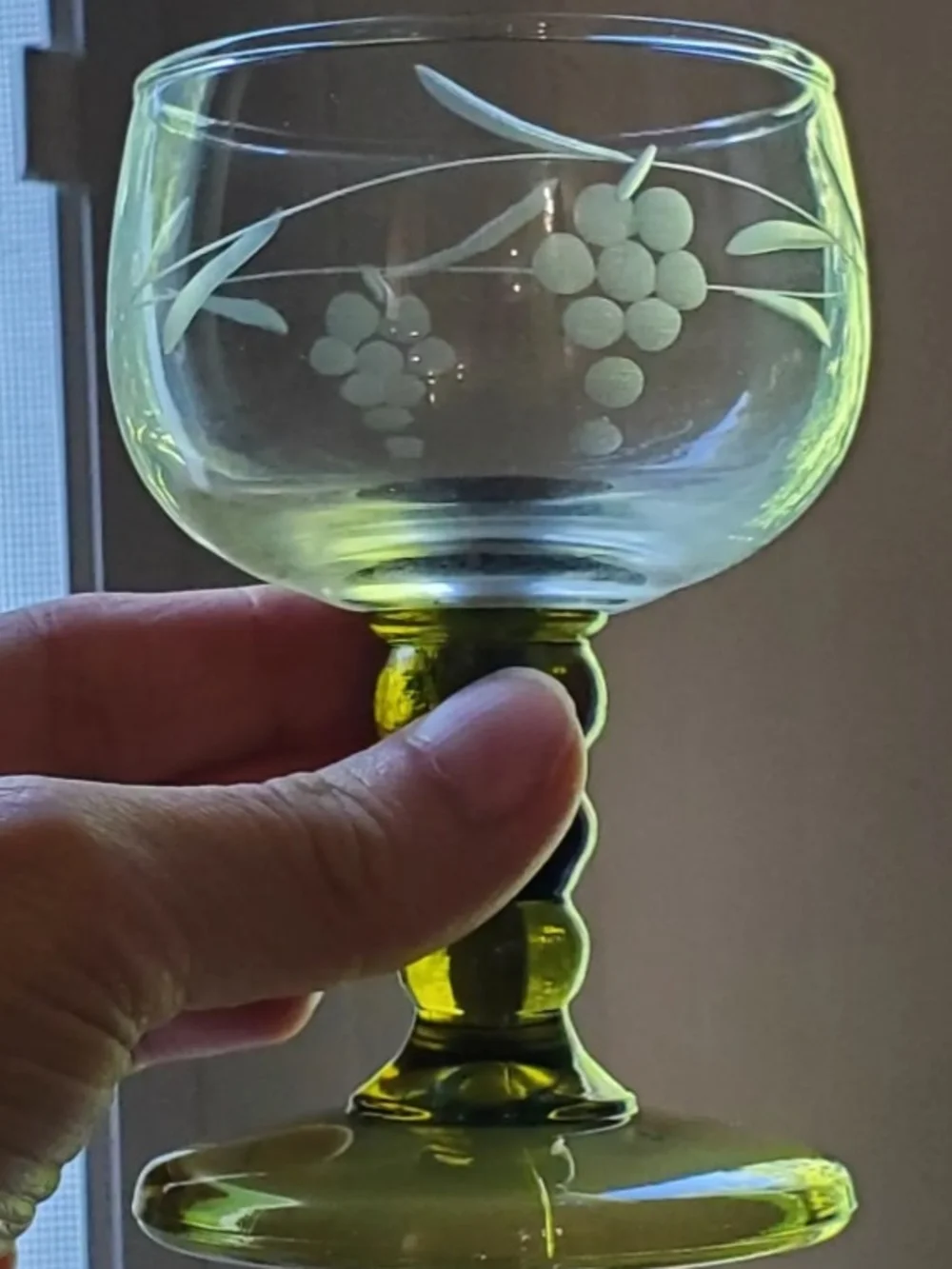 Vintage Roemer Goblets & Cordial Glasses Etched Grapevine Green Beehive Stem